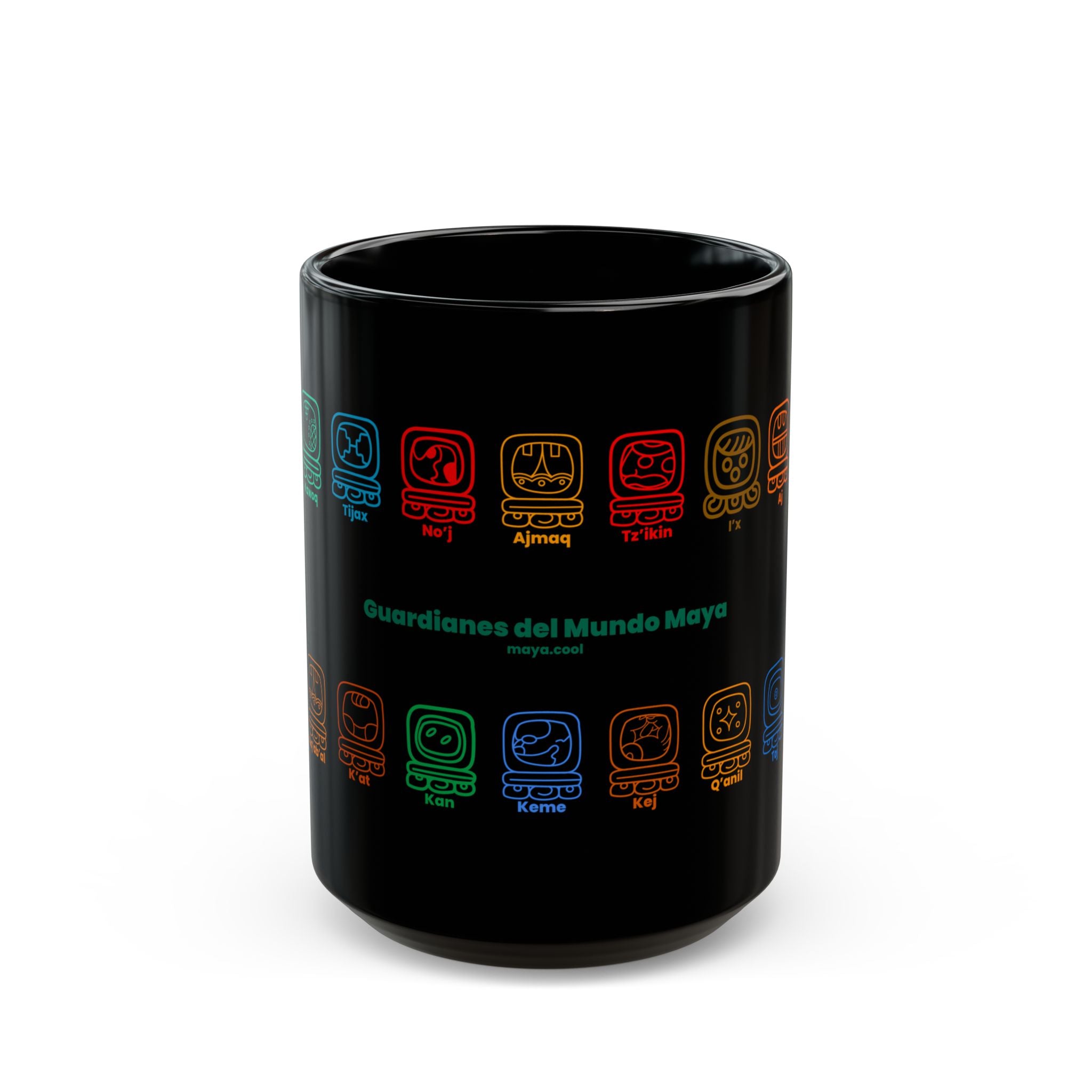 Guardianes del Mundo Maya Black Mug (11oz & 15oz) | 20 Maya Nahuales | Cholqij (Cholq'ij) Calendar