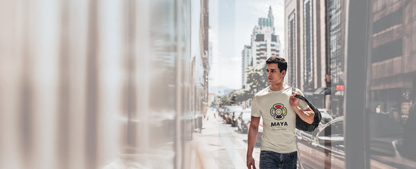 MAYA streetwear t-shirt – Flor Maya sun symbol design representing heritage and identity – Modern Maya Cool brand.